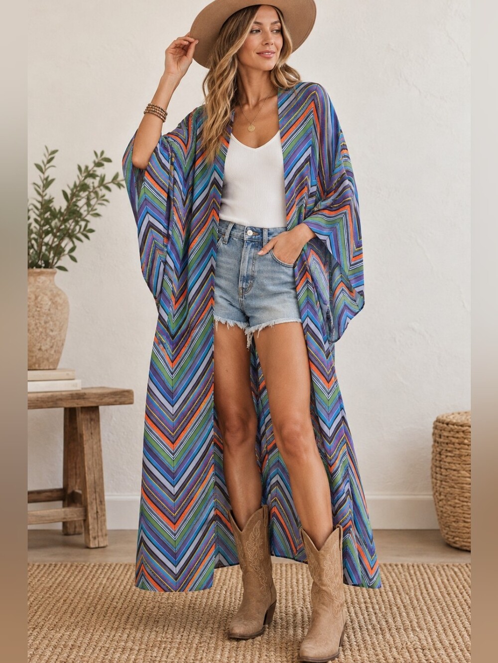 Free People Intimately Mojave Chevron Maxi Kimono Duster XS Multicolor